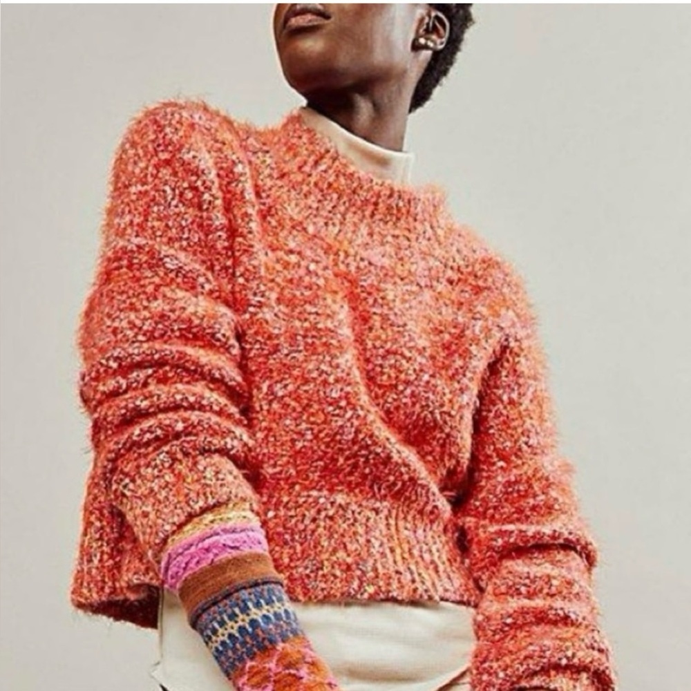 NWT Free People Stardust Pullover Sweater L Red Fuzzy Cropped Mock Neck Cozy Boh - Picture 2 of 11